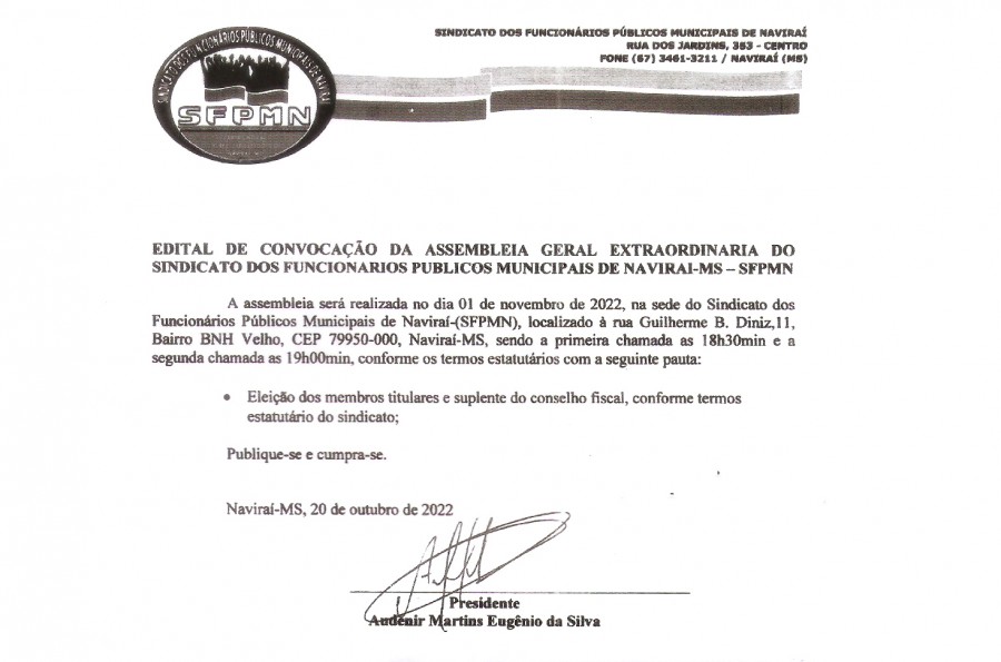 Sindicato da Prefeitura de Naviraí SFPMN publica edital convocando